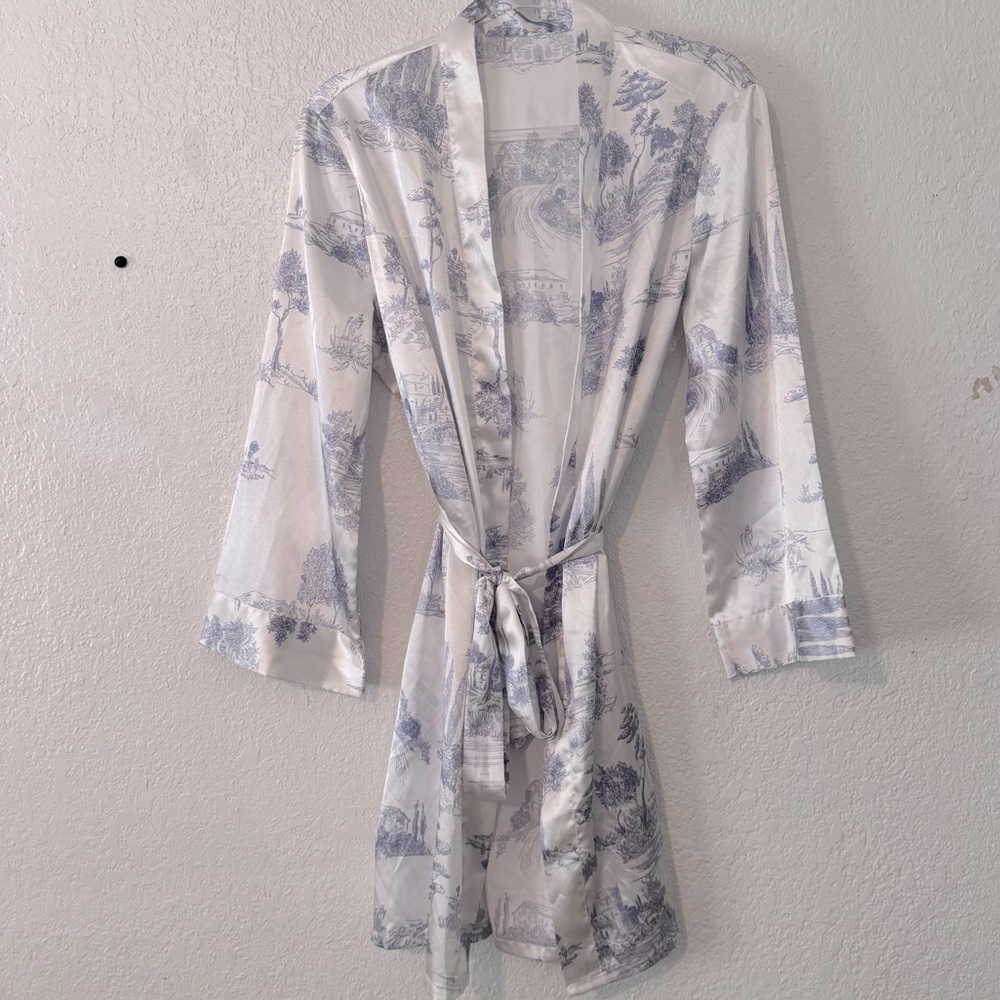 Silky soft and sexy robe with white and blue preppy pattern - one size fits most